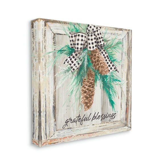 Grateful Blessing Phrase Winter Pinecone Holiday Gallery-Wrapped Canvas Print Wall Art, 17x17