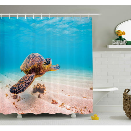 Turtle Shower Curtain, Hawaiian Green Sea Turtle Cruises in Warm Waters of the Pacific Ocean Photo, Fabric Bathroom Set with Hooks, 69W X 84L Inches Extra Long, Aqua Cinnamon Brown, by