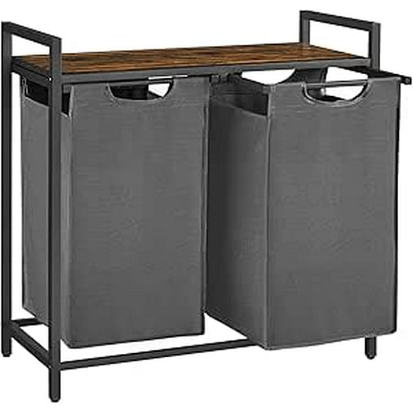 VASAGLE Panier à Linge, Panier à Linge, Trieur à Linge avec 2 Sacs Coulissants et Amovibles, Étagère, Cadre en Métal, 2 x 12,1 Gallons (46 L), 28,8 x 13 x 28,4 Pouces, Brun Rustique et Gris