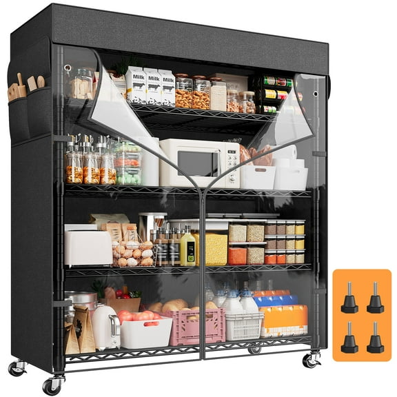 REIBII Heavy Duty Metal Storage Shelves with Cover & Wheels,5 Tier Wire Shelving Unit for Garage,Pantry,Kitchen,35"W x 16"D x 72.8"H
