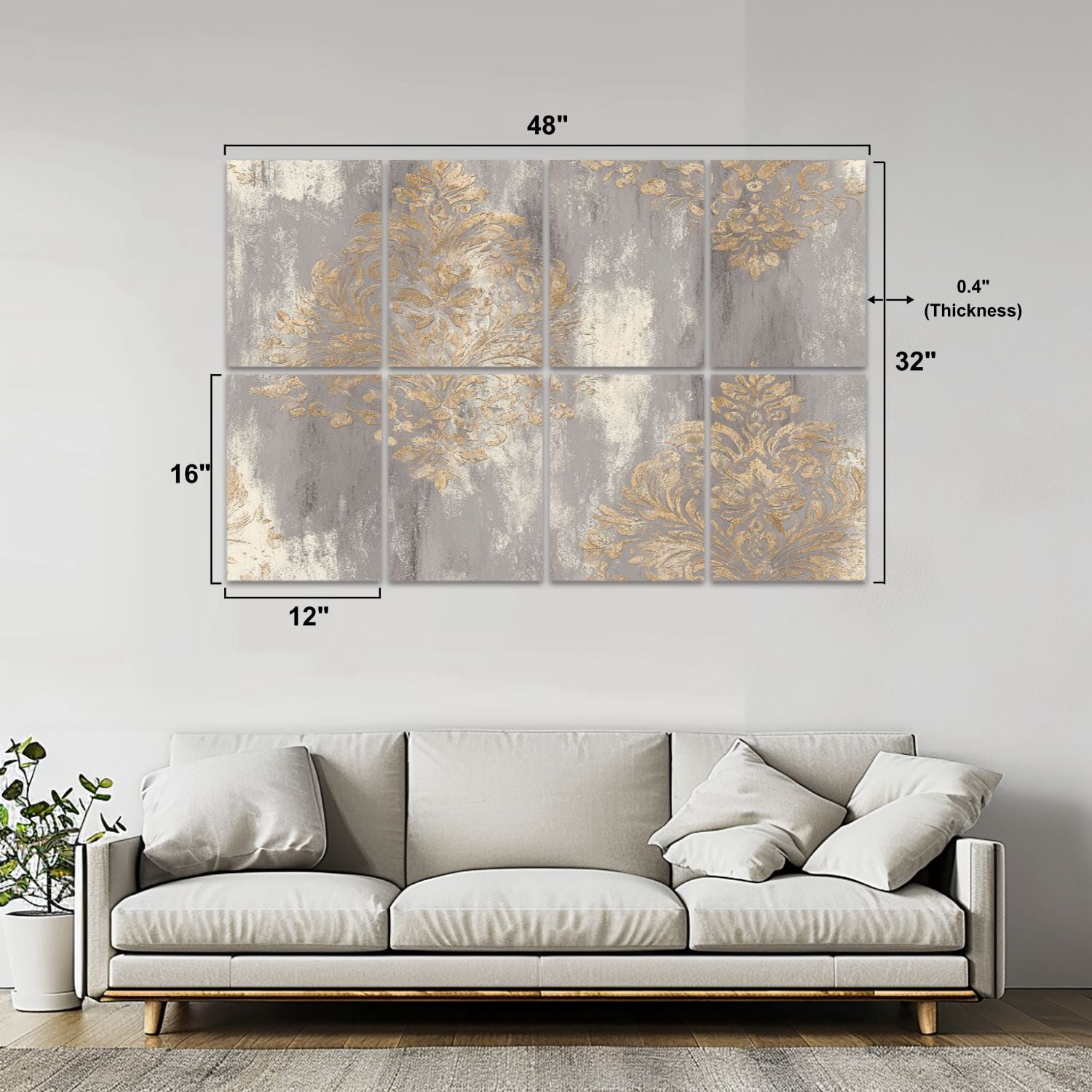 8 Pack Art Acoustic Panels Sound Absorbing Elegant Gold Damask Gray Beige Decorative Soundproof Wall Panels Self Adhesive for Nursery Game Room Bedroom 48"x32"