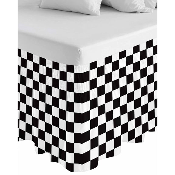 Simple Black White Checkered Wrap Around Bed Skirts for California King Bed 18" Drop,Bed Skirt with Adjustable Elastic Belt Dust Ruffle Bed Valance for Bedroom Lattice Buffalo Plaid Bed Frame Cover