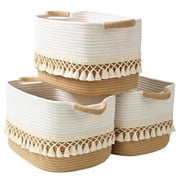 Natubeau 3 Pack Woven Storage Baskets, Jute 22L Large Storage Basket for Organizing, Cotton Rope Storage Bins with Heavy Tassel, Cube Laundry Baskets