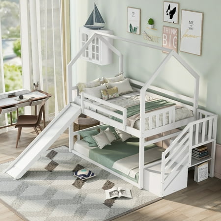 ikayaa Twin over Twin House Bunk Bed with Convertible Slide Storage Staircase White