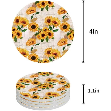 

ZHANZZK Vintage Sunflower Old Newspaper Set of 8 Round Coaster for Drinks Absorbent Ceramic Stone Coasters Cup Mat with Cork Base for Home Kitchen Room Coffee Table Bar Decor