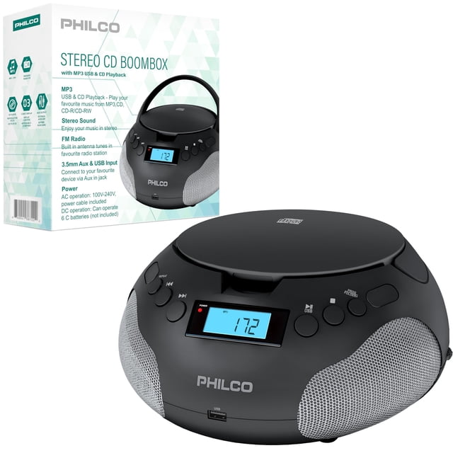 Philco Reproductor de CD portátil Boombox, reproductores de CD con radio FM para el hogar, compatible con MP3/WMA/CD-R/CD-RW entrada auxiliar de 3,5 mm | Puerto USB | Sonido estéreo | Alimentación por