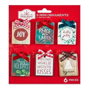 Holiday Time Christmas Tree Mini Ornaments, Rustic Messages, 6 Count