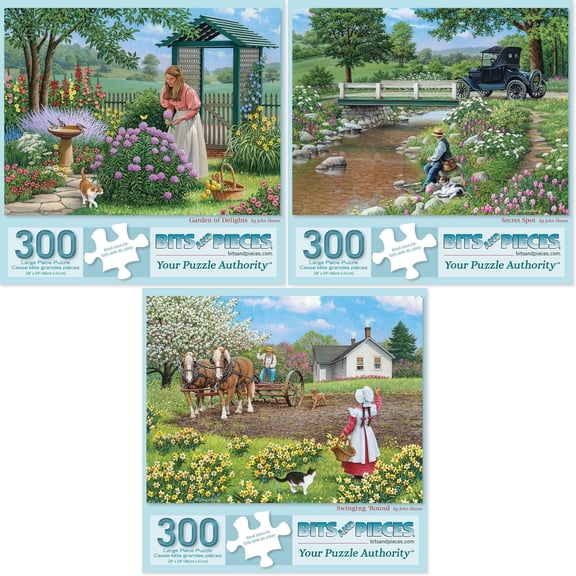 Bits and Pieces Set of Three (3) 300 Piece Jigsaw Puzzles Gardens Bundle by John Sloane 18” x 24”