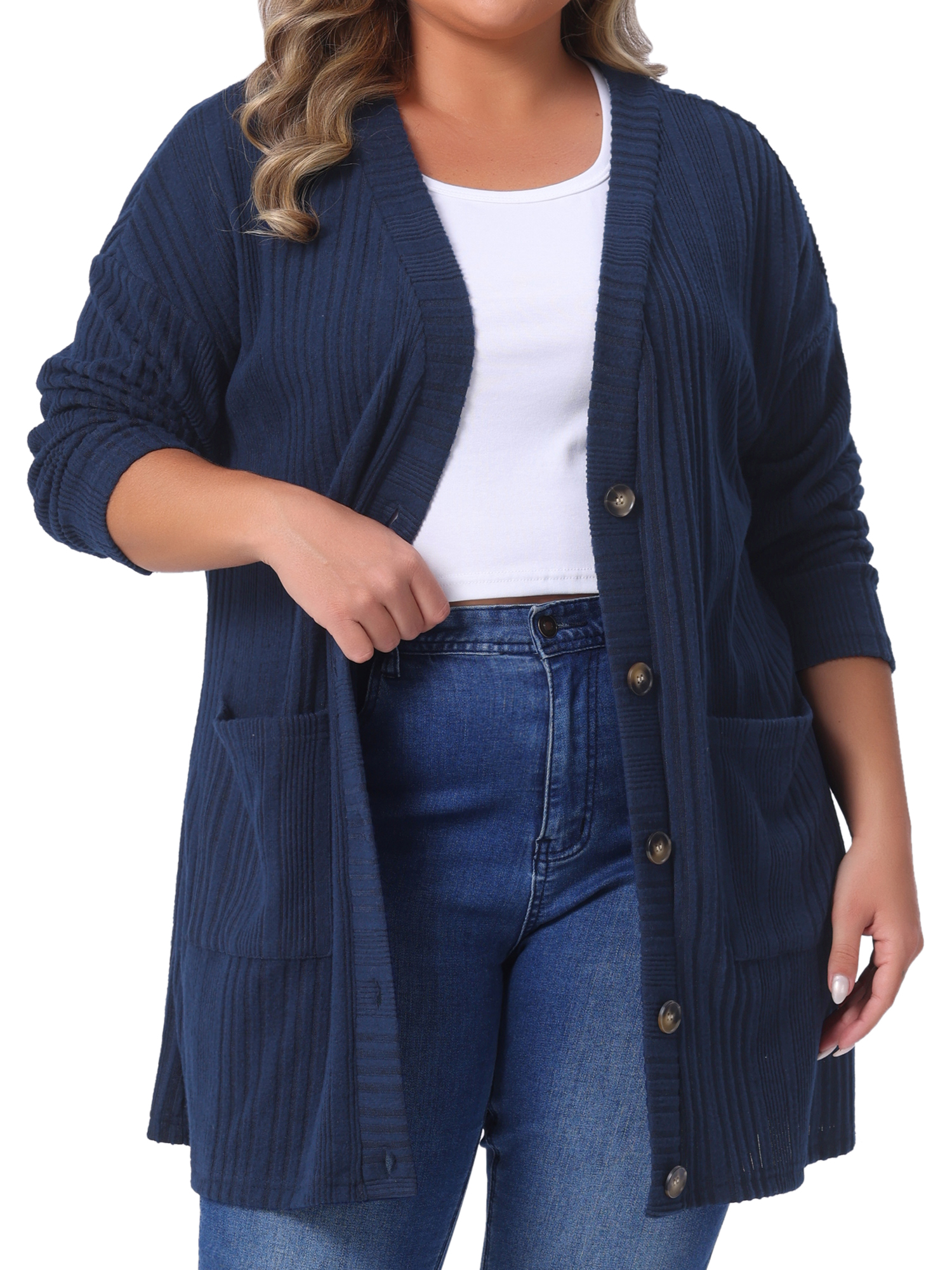 DARING DIVA Women's Plus Button V Neck Knit Cardigan with Pockets 4X Navy Blue