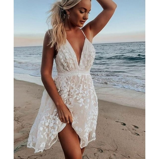 Robe d'Été Blanche pour Femme, Aguichant, à Col en V, Dos Nu, avec Dentelle, à Bretelles, Évasée, Courte, Mini, Robe de Plage