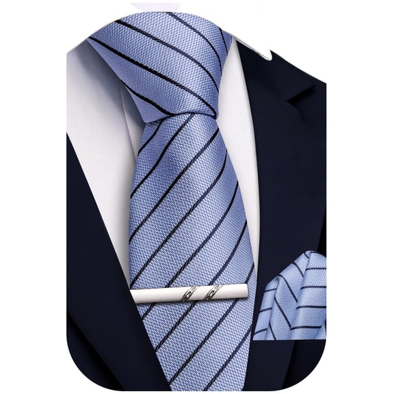 Dusty Blue Ties for Men Extra Long Tie Pocket Square Tie Clip Set Silk Striped 63" XL Big and Tall Necktie Business Formal
