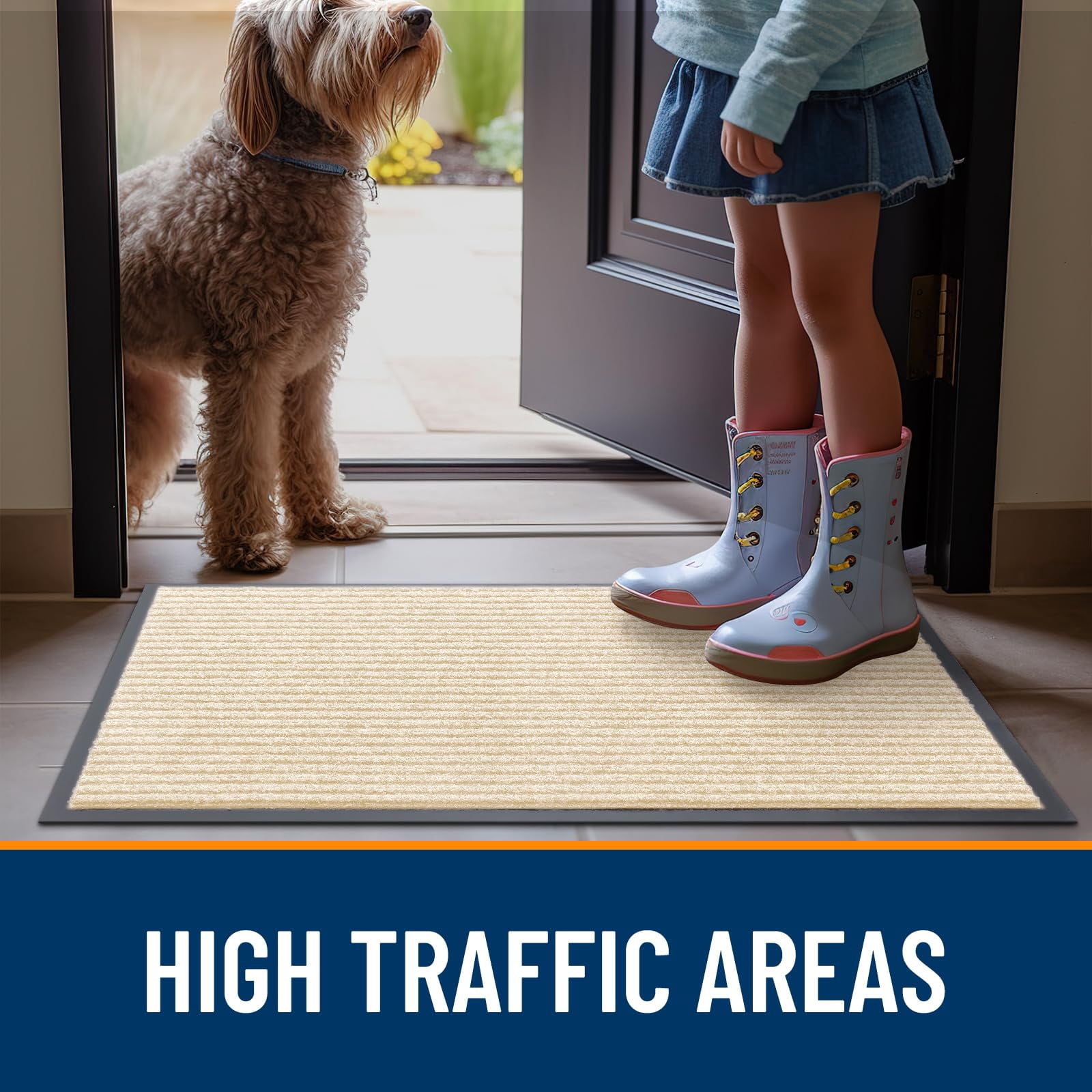 Front Door Mat Indoor Outdoor Entrance  2-pack 29.5 X 17 Inch Waterproof Heavy Duty Doormat Fade Resistant Low Profile Easy Clean Patio Porch Welcome Floor Mats For Entry Beige