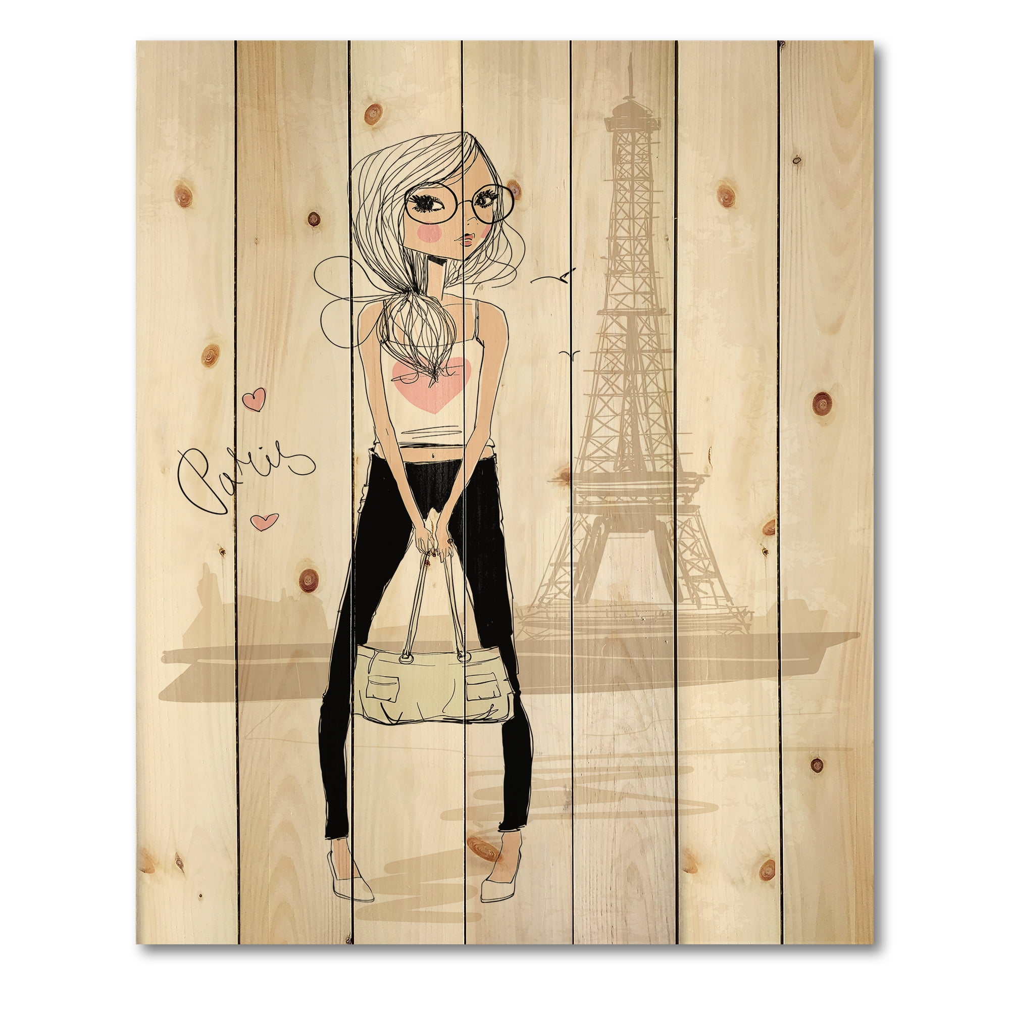 Designart 'Cute Girl By The Tour Paris Eiffel Tower' Children's Art Print on Natural Pine Wood