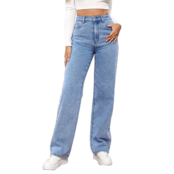 AWXNJUX Wide Leg Pants Woman Women Button High Trousers Pocket Waist Elastic Pants Jeans Denim Hole Loose Women's Jeans Pant Women Casual Pants for Women Palazzo Pants (Blue2,S)