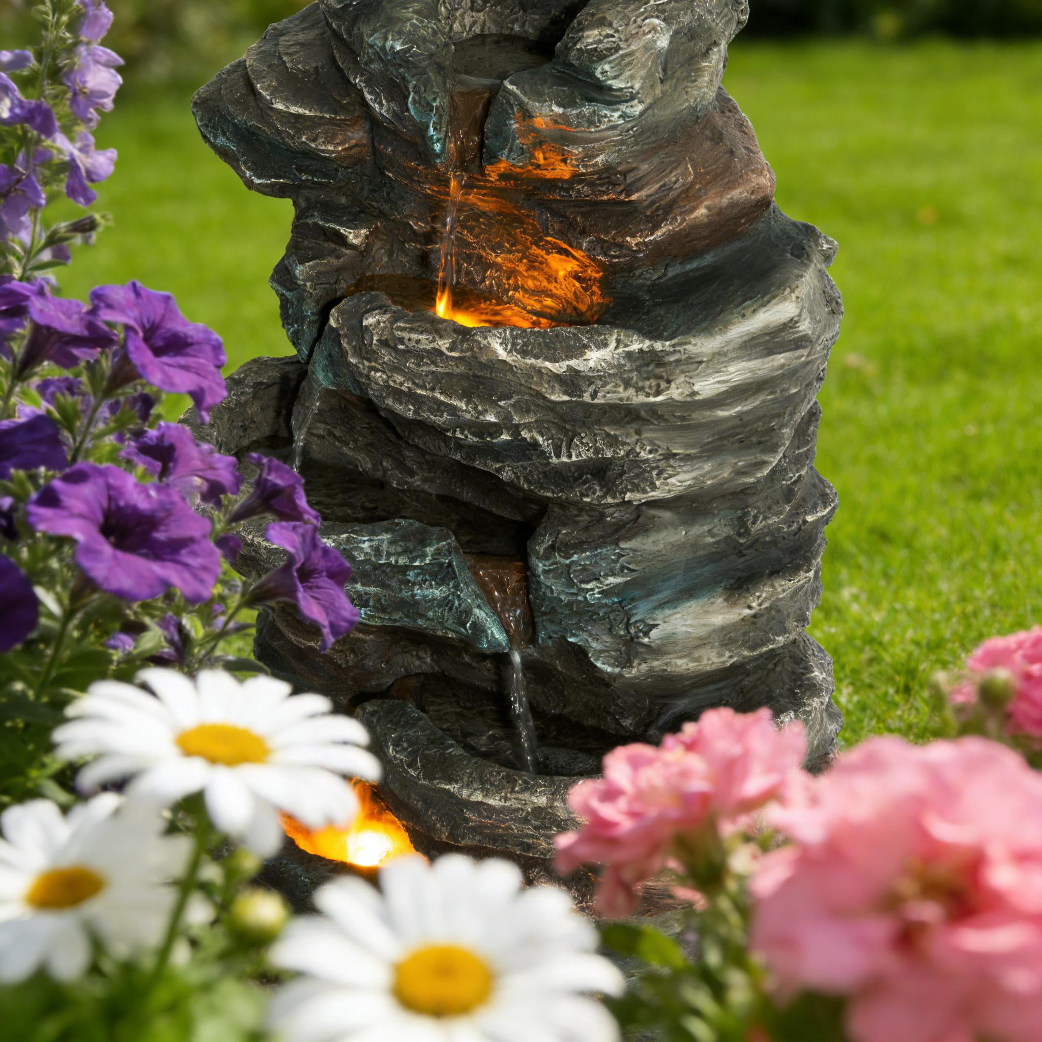 6-Tier Outdoor Cascading Stone Water Fountain with 3 LED Lights, Freestanding Led Fountain Decor for Garden, Patio, Yard & Deck, Natural Rock Appearance