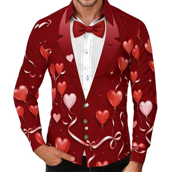 Mens Valentine'S Day T Shirts Long Sleeved Button Down Heart Printed Lapel Mens Clothing,Red,XL