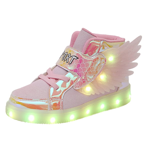 YUNICUS Kids LED Light Up High Top Sneakers for Boys & Girls, USB Rechargeable Flashing Luminous Wings Shoes Lightweight Casual Trainers Pink 27