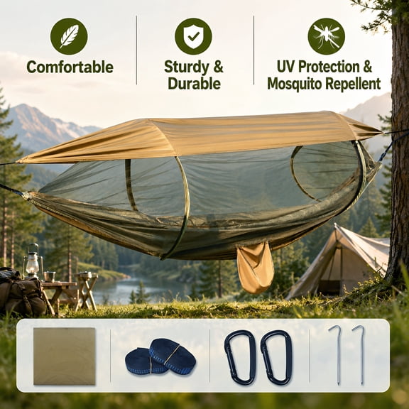 Doulami 4-in-1 Camping Hammock with Mosquito Net and Sunshade Cloth, 2-Person Portable Hammock Tent with Tree Straps, 550 lbs Capacity, for Outdoor Camping