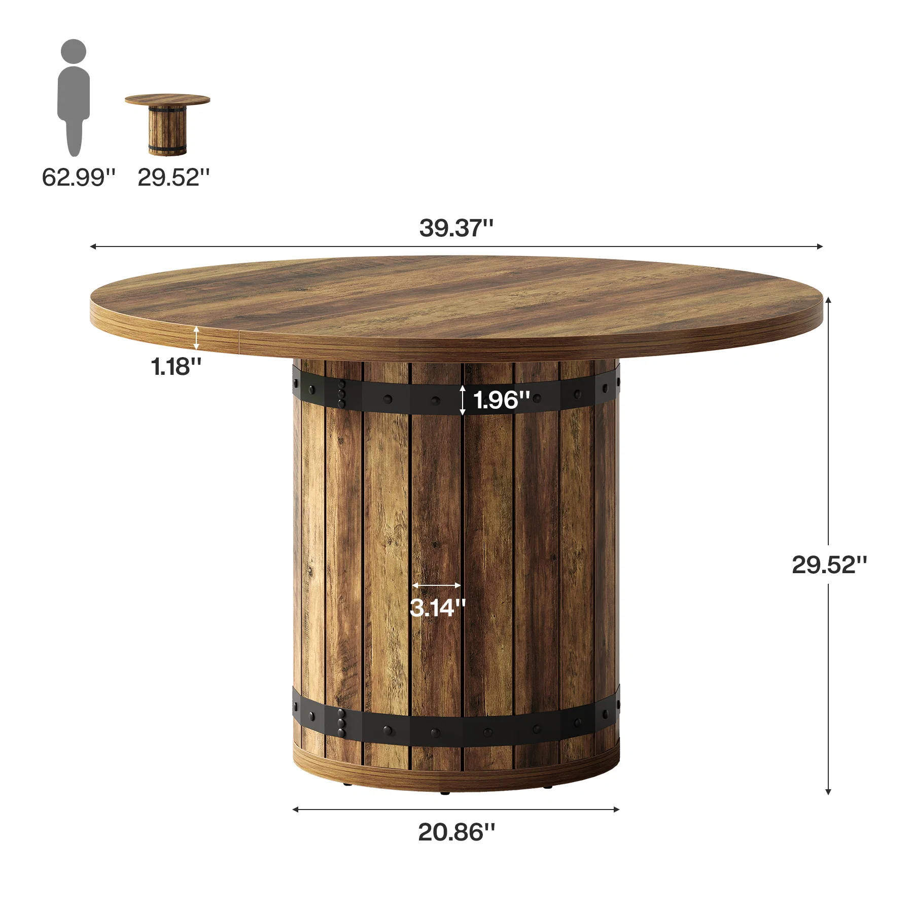 Hommoo 39.37 in Round Dining Table for 4, Farmhouse Kitchen Table with Fence Pedestal Base, MDF Construction, Easy Assembly, Rustic Brown