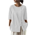 thumbnail image 4 of TKYCMSUAKI Womens 3/4 Sleeve Shirts Cotton Linen Crewneck Button Drawstring Blouses Loose Fit Solid Color T-Shirts Casual Going Out Work Tees, 4 of 8