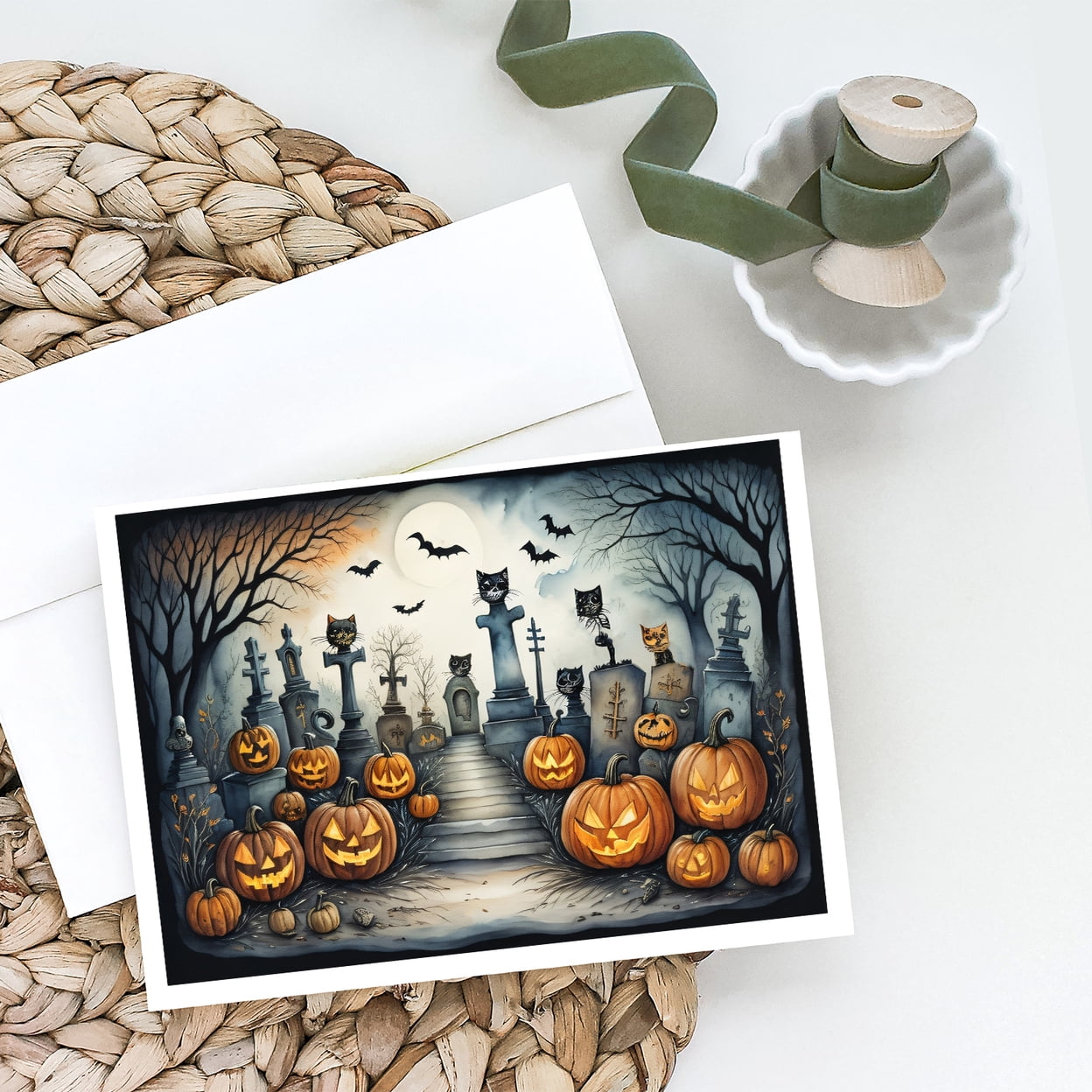 Cat Cemetery Spooky Halloween Greeting Cards and Envelopes Pack of 8 7 in x 5 in