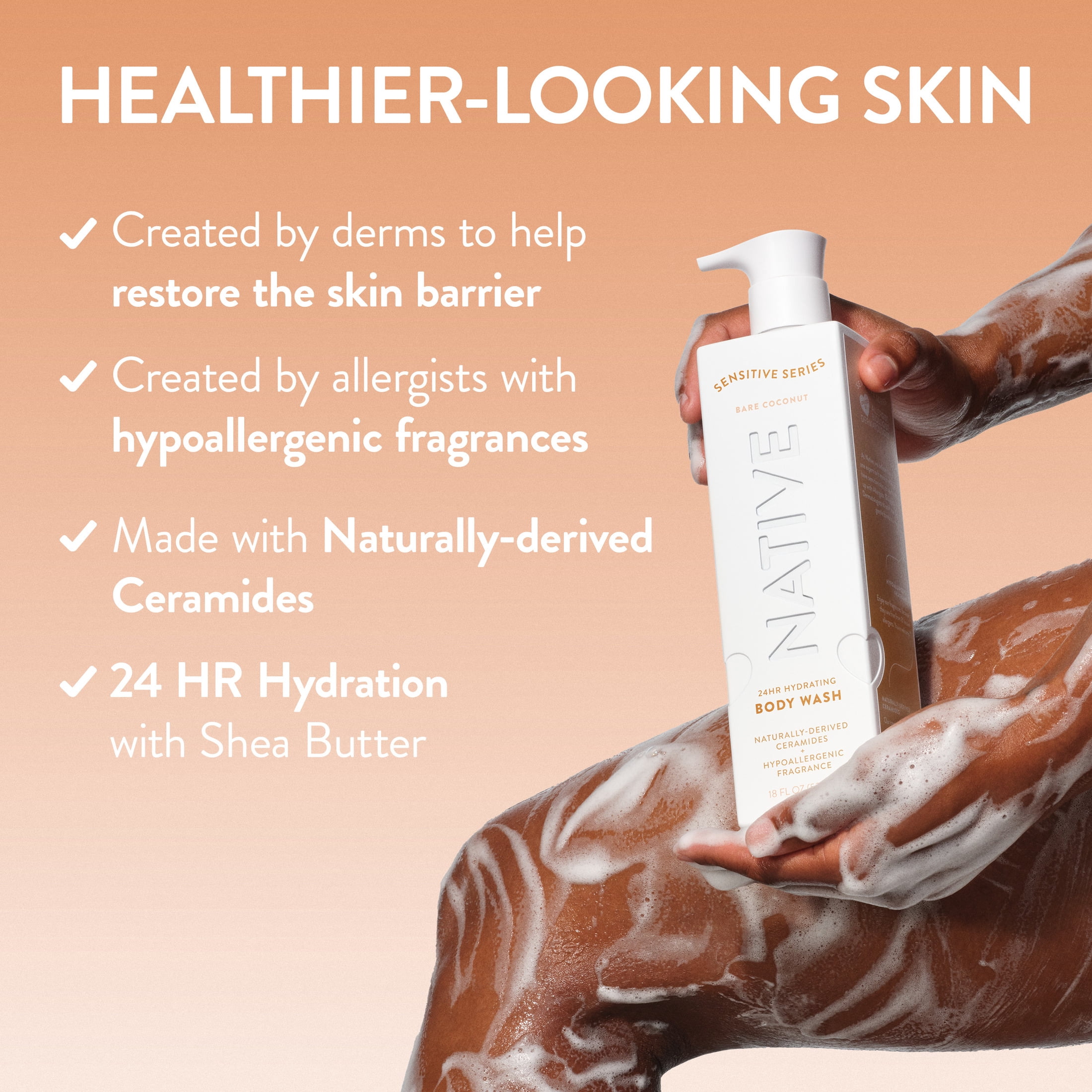 Native Body Wash, Sensitive Series, Hypoallergenic Fragrance, 24-Hour Hydrating, Bare Coconut, 18 fl oz