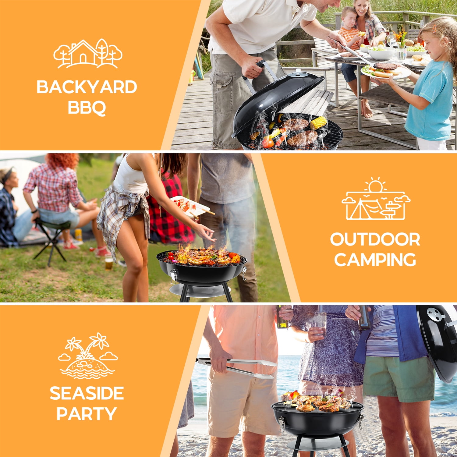 Coliware 14 inch Portable Charcoal Grill, Lightweight Enamel Coated Coal Kettle Smoker with 3-Point Locking Lid 2 Grilling Racks Dual Venting System, Tabletop Barbecue Oven for Outdoo