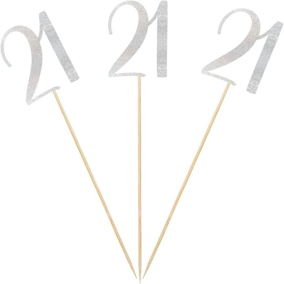 Silver Glitter 21st Birthday Centerpiece Sticks, 12-Pack Number 21 Table Topper Anniversary Party Decorations