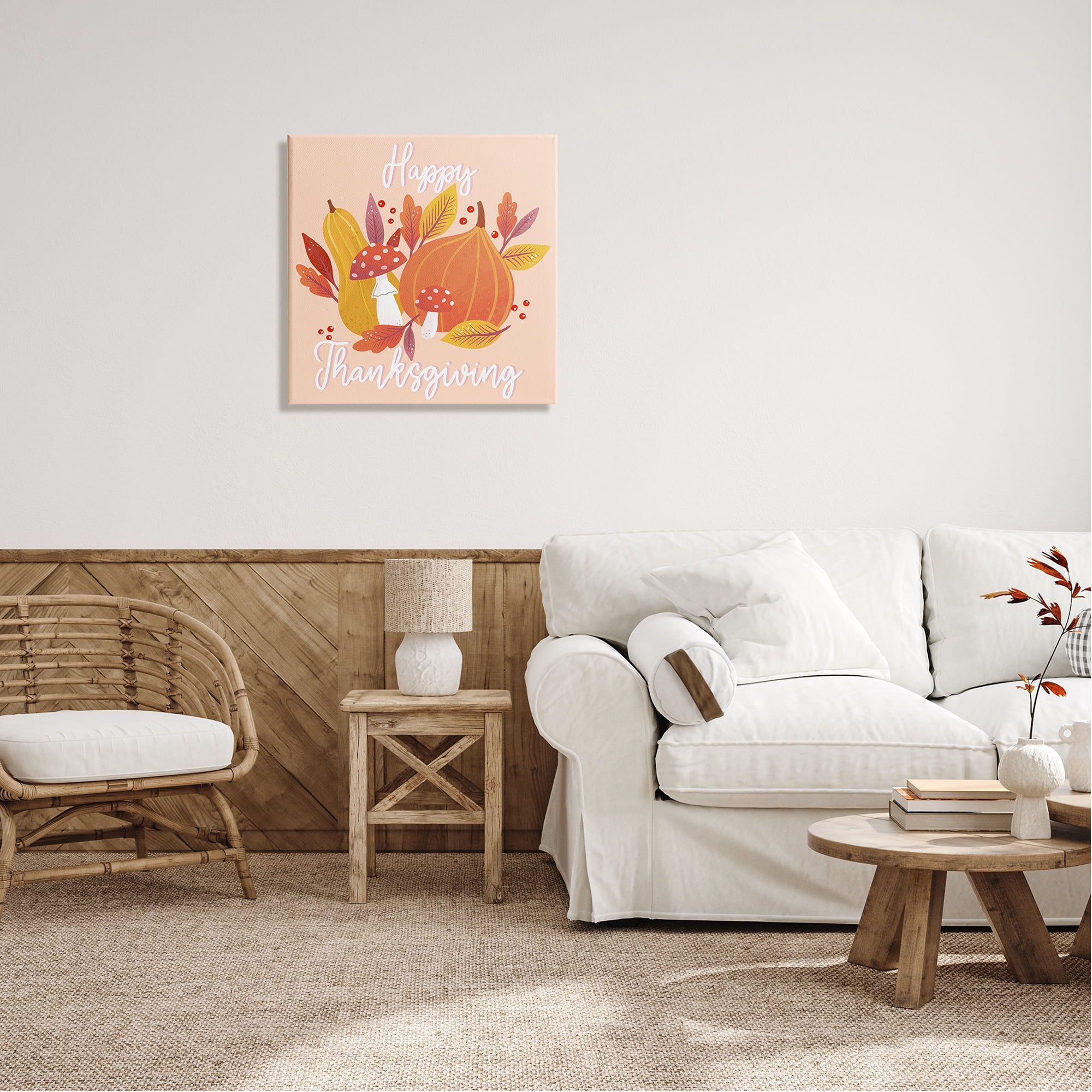 Stupell Industries Happy Thanksgiving Whimsical Autumnal Mushroom Botanicals Graphic Art Gallery Wrapped Canvas Print Wall Art, Design by Dominika Godette