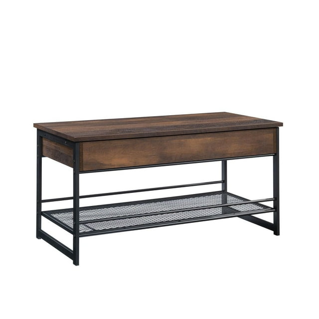 Sauder Briarbrook lift top coffee table in barrel oak finish featuring a metal frame and a lower mesh storage shelf.