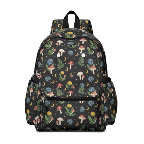Mushroom and Moon Black Pattern Cute School Backpack with Padded Back and Adjustable Shoulder Straps 13.4"x11"x4.7"