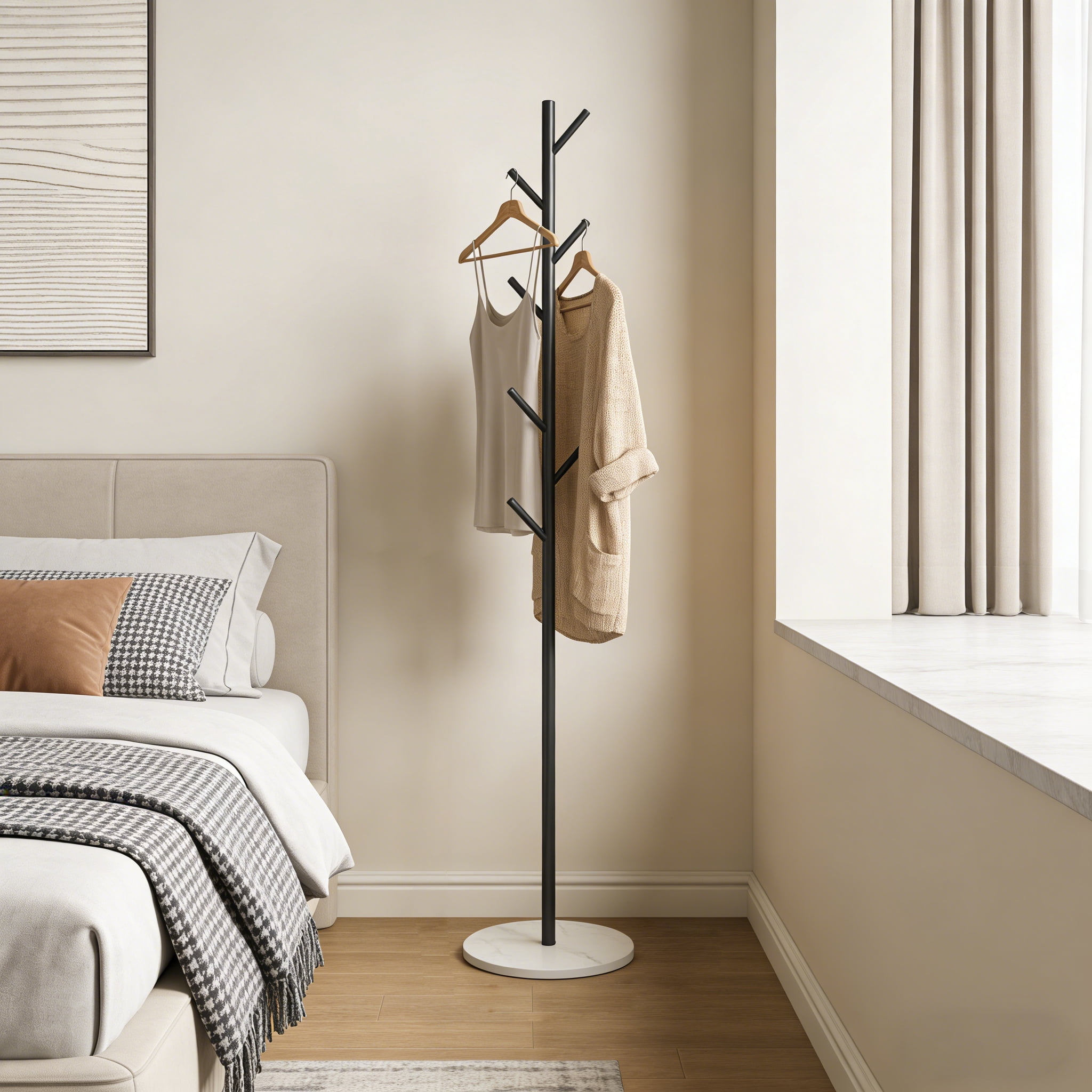 Modern Metal Coat Rack Stand Sturdy Freestanding Clothes Hanger With Bottom Storage Shelf Side Hooks Space Saving Hall Tree For Entryway Living Room Bedroom Office Hallway