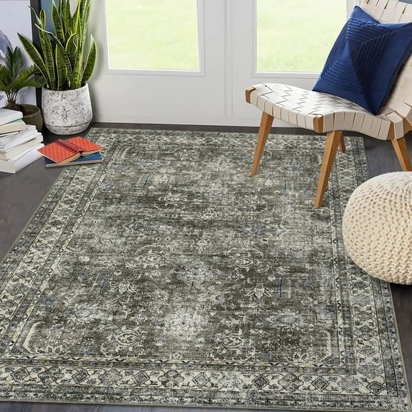 Garvee 9'x12' Area Rugs for Living Room Vintage Persian Rug Boho Floral Distressed Rug Farmhouse Non-Slip Low Pile Accent Rug, Brown Green
