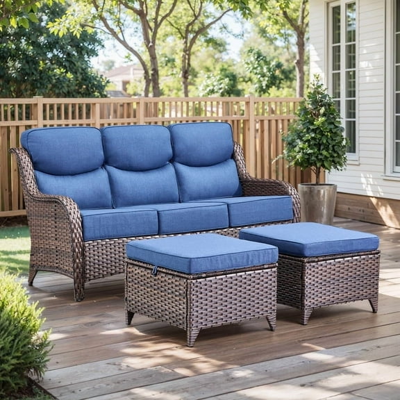 Gymojoy 3-Seat Patio Wicker Sofa Outdoor Rattan Couch Furniture Steel Frame with 6 in. Cushions and Ottoman for Porch Deck Garden