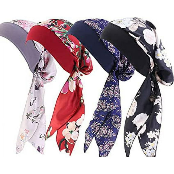 Nvzi -b 4 Pieces Chemo Headwear Elastic Turbans for Women Vintage Silky Turbans Bonnet Long Hair Head Scarf Headwraps Cancer Printing Hat Sleep Hat Cap Red Black, 22-23inch