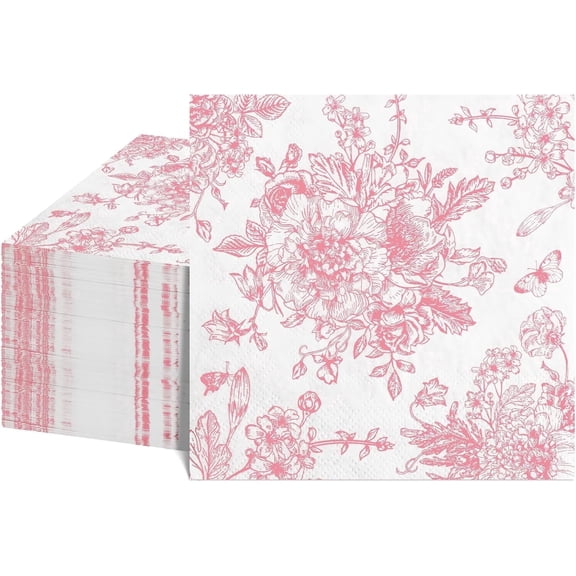 120 Pcs Pink Floral Napkins, Valentines Napkins Pink and White Toile Cocktail Napkin Vintage Flower Butterfly Design Decoupage Napkin for Easter, Wedding, Bridal Baby Shower, Tea Party