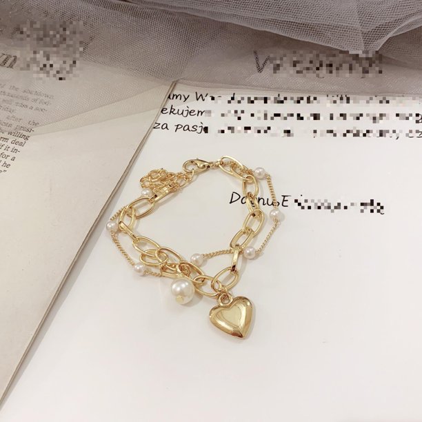 Fashion Chain Love Pearl Double Bracelet Temperament Peach Heart Pendant Bracelet Female College Student Jewelry Pulsera