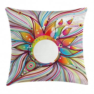 Abstract Decor Throw Pillow Cushion Cover, Vector Smoky Wavy Floral Design with Rainbow alike Stripes and Lines, Decorative Square Accent Pillow Case, 16 X 16 Inches, Multi Colored, by Ambesonne