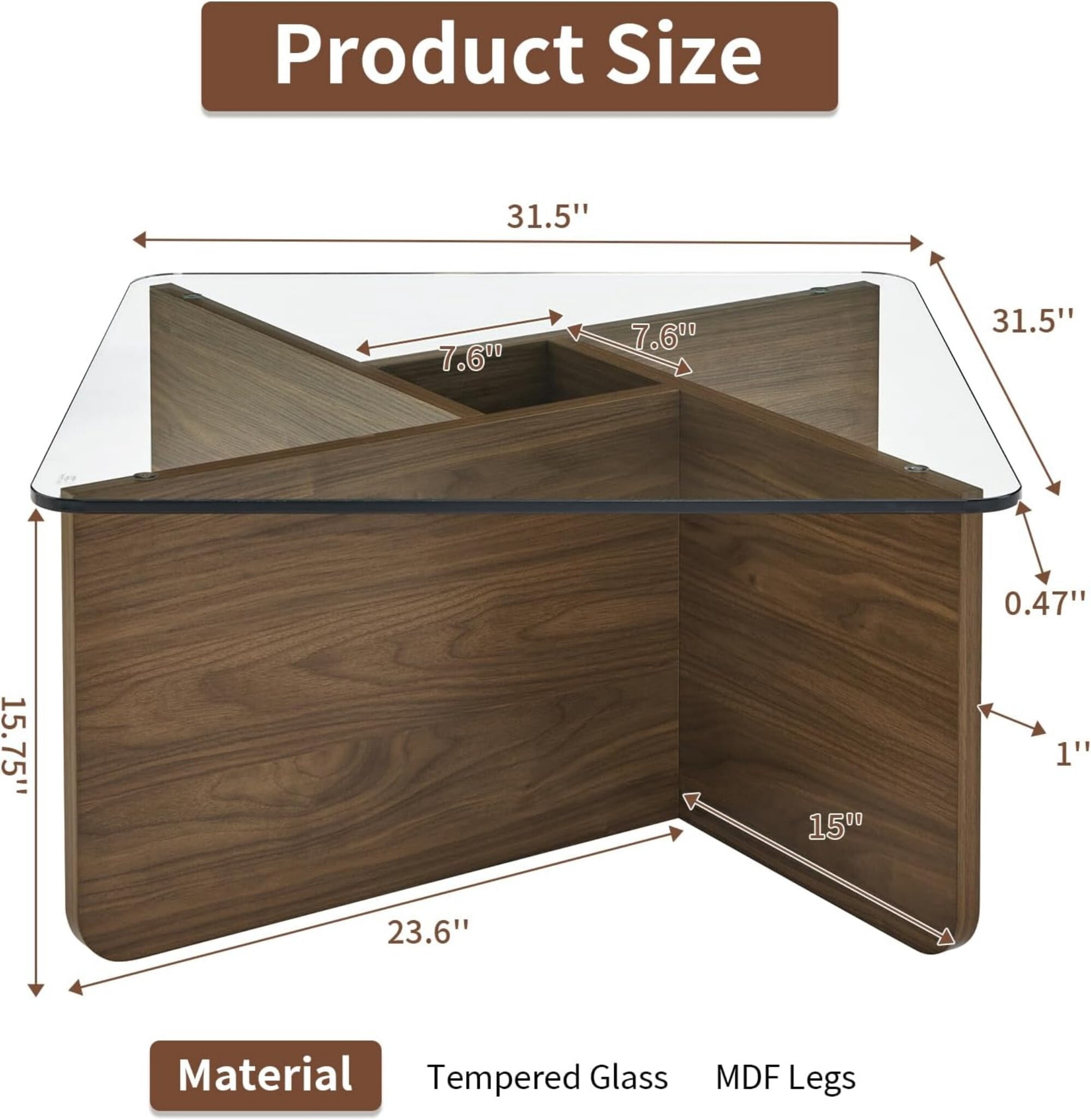 AENKYO Modern 31.5" Square Glass Coffee Table with Tempered Glass Top and Wooden X-Frame Base, Natural Color