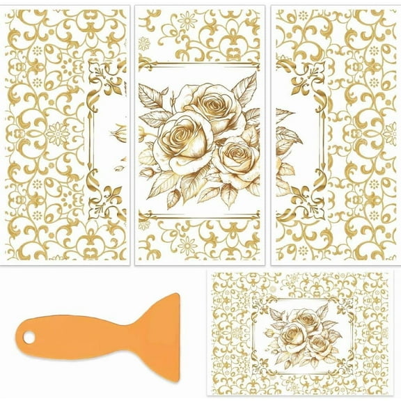 3Pcs/Set Golden Vine Rub on Transfers for Furniture and Crafts 6x12 Inch Flower Furniture Transfer Stickers Decals Decor with 1pc Scraper for Wood Furniture Decor Scrapbooking