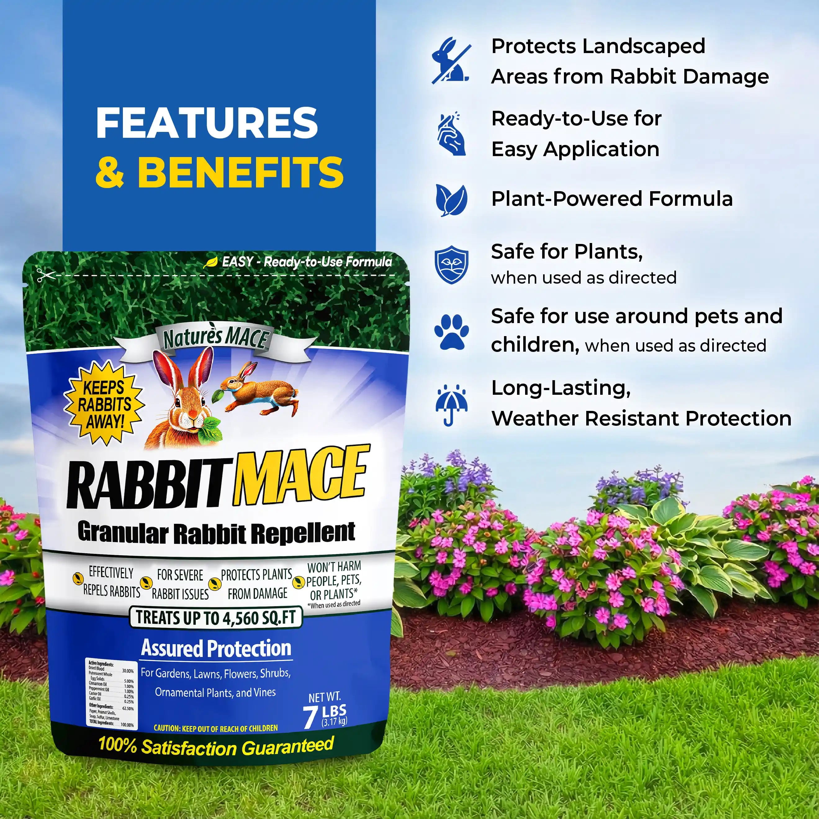 Nature’s Mace Rabbit Mace, Rabbit Repellent Outdoor, Rabbit Deterrent For Yard, Garden, Landscape, Flowers, Yard, Keep Bunnies Out, 3 Pounds, Safe Around Dogs, Pets, People, & Plants
