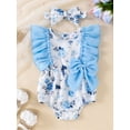 thumbnail image 3 of Musuos Baby Girls Flutter Sleeve Romper 0-18Months Floral Butterfly Print Round Neck Jumpsuit with Bow Headband, 3 of 10