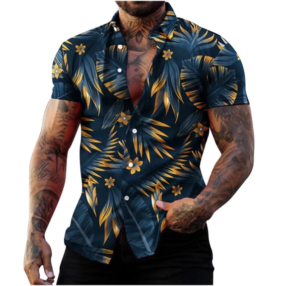 asdoklhq Clearance, 2025 Summer Fall Mens Tops Clearance under $5 Men Fashion Casual Buttons Hawaii Printing Turndown Short Sleeve Shirt Blouse,Blue XXXXL