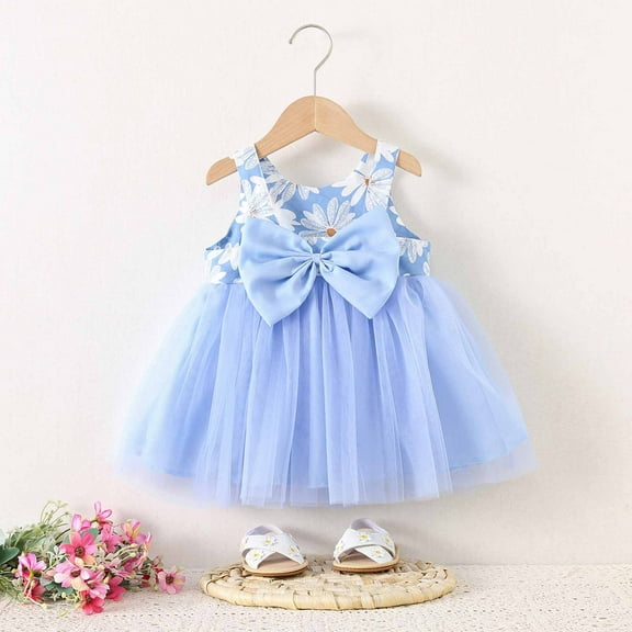 HOMADLES Toddler Girls Dress Sleeveless Ruffed Layered Stretch Print Mesh Princess Dress Blue 3 T