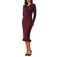 thumbnail image 4 of INSPIRE CHIC Women's Long Sleeve Sweater Dress Contrast Trim Ruffled Fall Winter Ribbed Knit Bodycon Dresses M Burgundy, 4 of 5