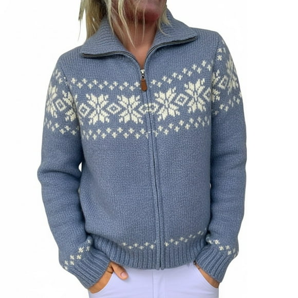 Fgnfyis Color Blocked Fair Isle Knit Sweater Jackets for Women with Long Sleeves Loose Fit Pattern Blue M