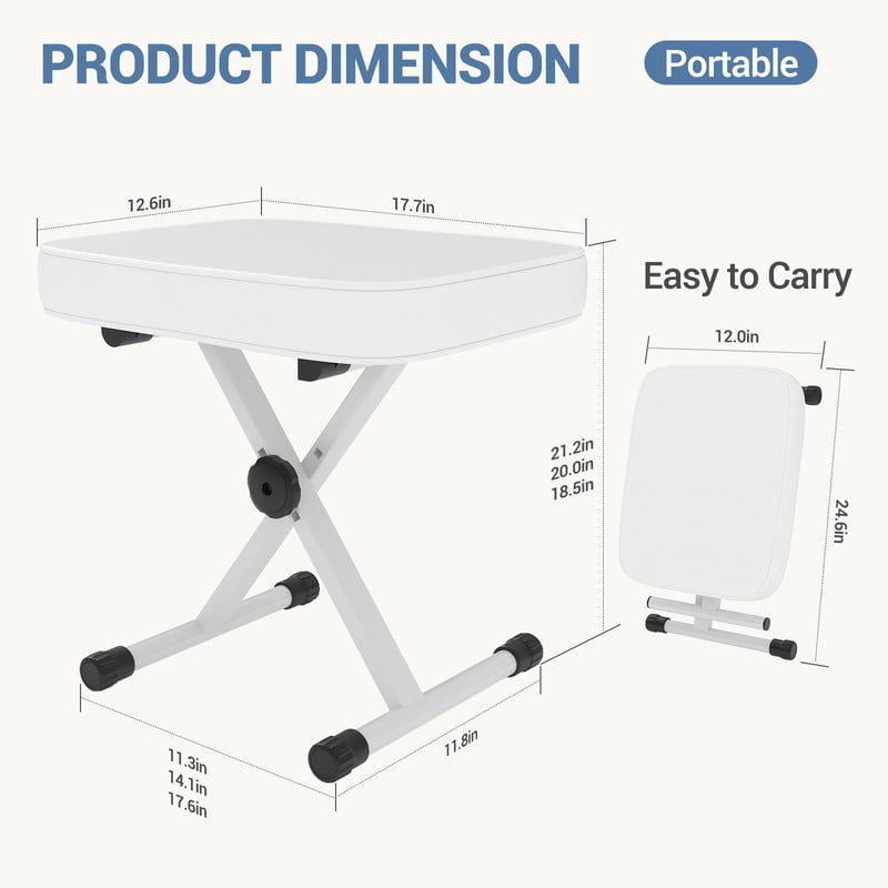 Gianna 2 Pack Portable Adjustable Piano Bench, Folding Keyboard Stool with Thick Padded Seat, Non-Slip Feet, White
