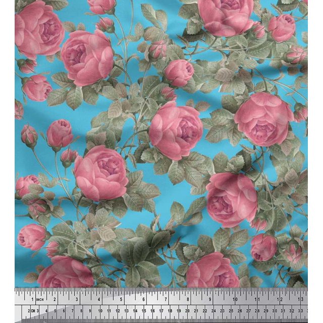Soimoi Blue Poly Georgette Fabric Leaves & Rose Flower Printed Fabric 1 Yard 52 Inch Wide