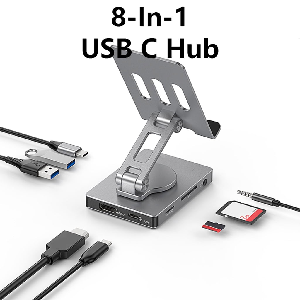 Foldable 8 in 1 USB C Hub Adapter 5Gbps Data Transfer 100W Fast Charging Rotatable Phone Stand Aluminum Construction