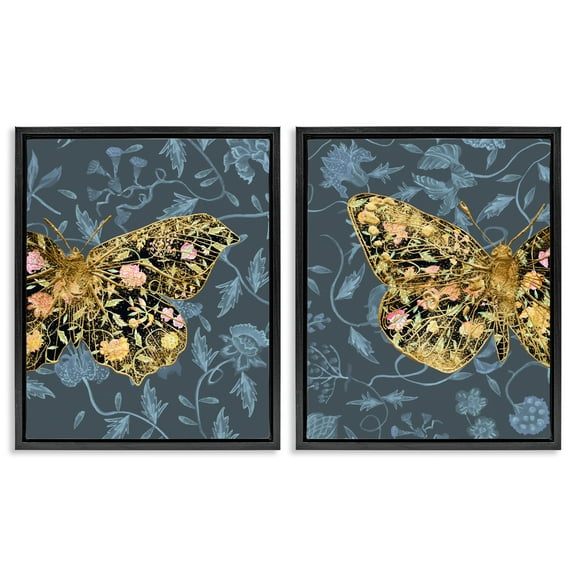 Stupell Industries Gold Winged Black Moth Floral Animals Painting Black Floater Framed Canvas Art Print Wall Art, 17 x 21, Set of 2